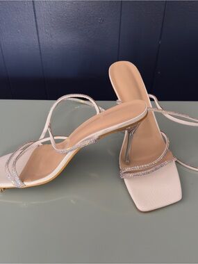 Strappy White Heels w Crystal Embellished and Clear Heel